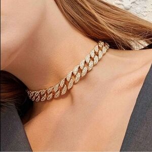Free People Crystal Paved Chunky Curb Chain Choker Necklace